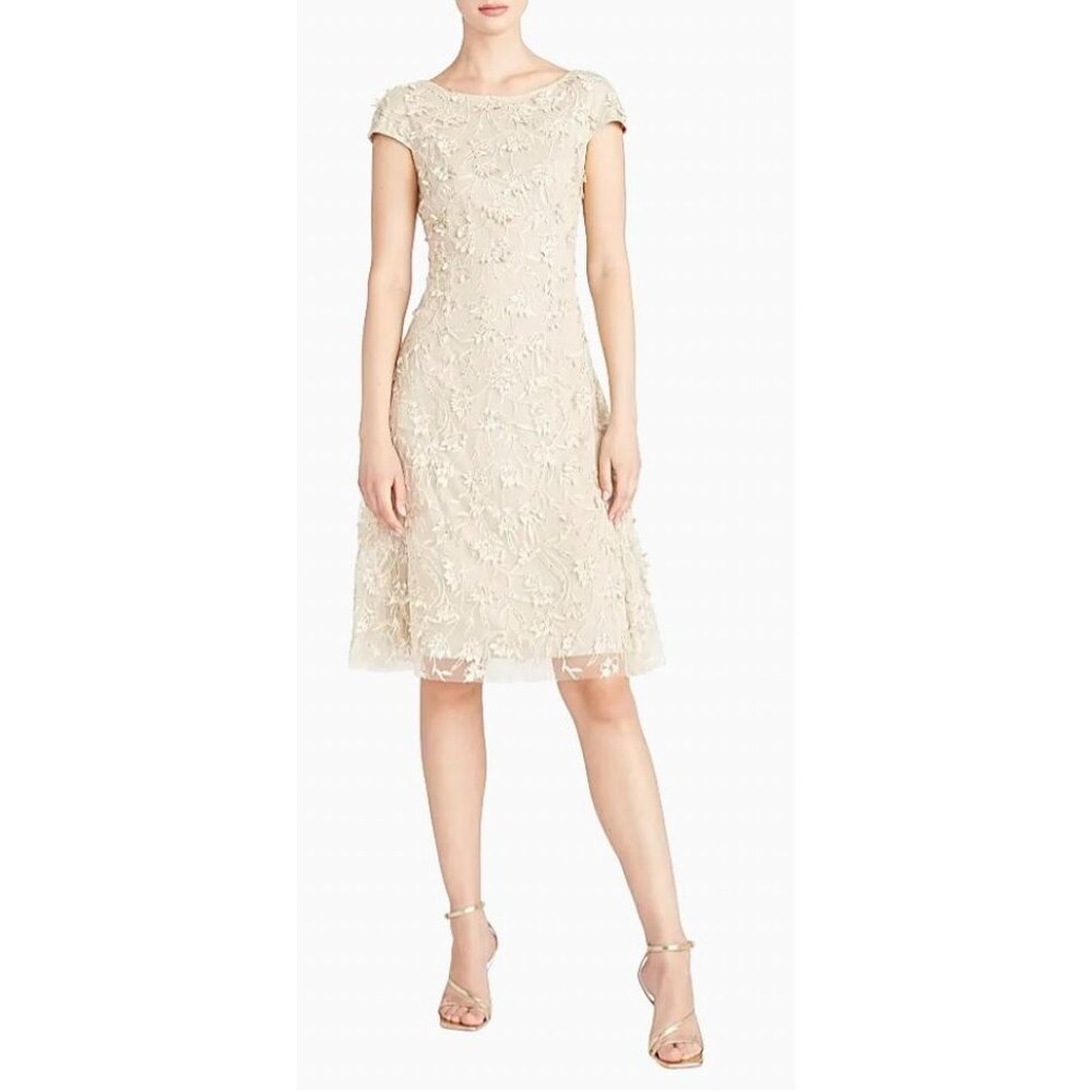 NWT Theia Chrisley Petal Beaded Cocktail Dress Champagne Sz 0 $895 [jb]